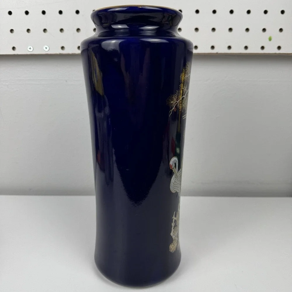 Vtg‎ 1960s Cobalt Blue Japanese Crane Vase Gold Trim Porcelain Japan 11